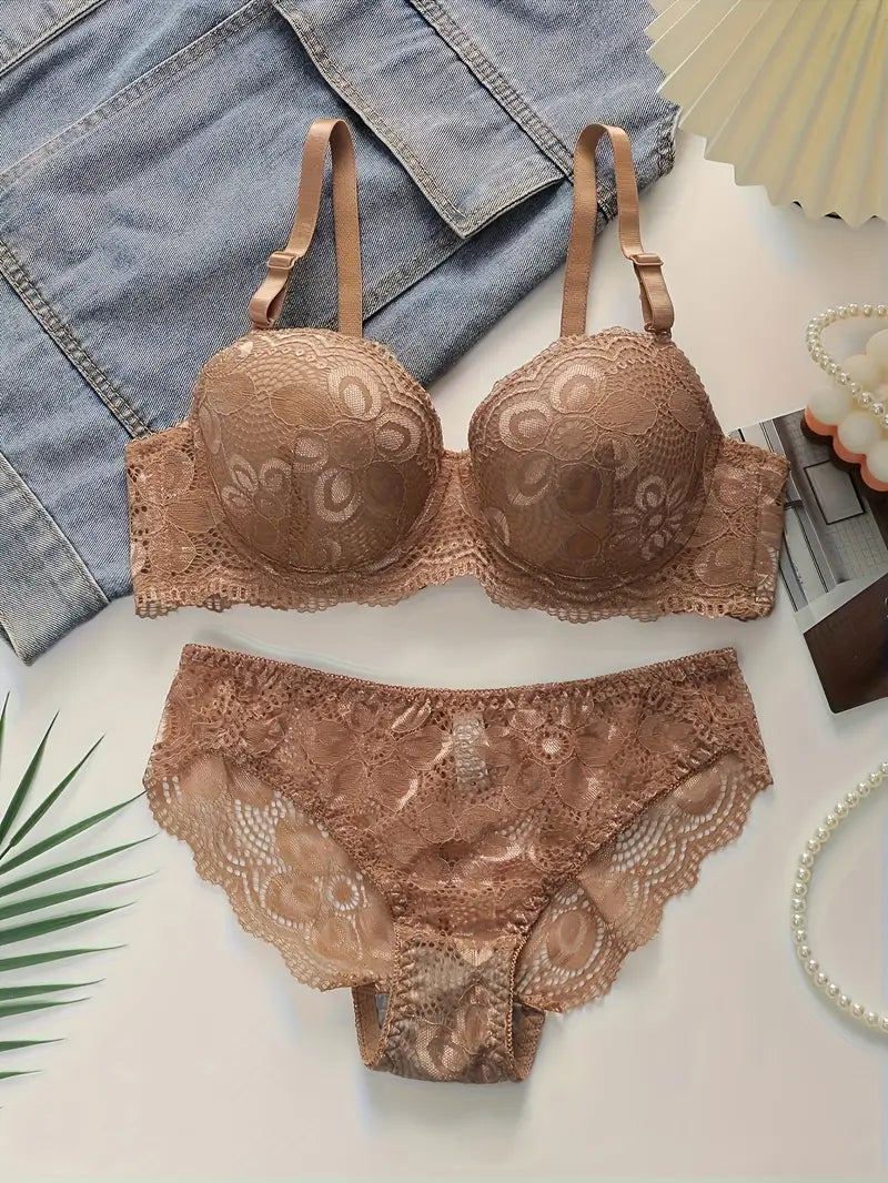 Push Up Padded Lace Bra And Panty Set Back Closure Seamless