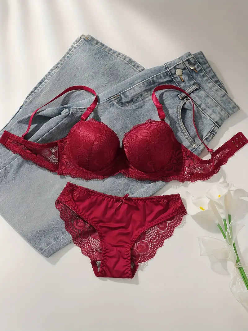 Push Up Padded Lace Bra And Panty Set Back Closure Seamless