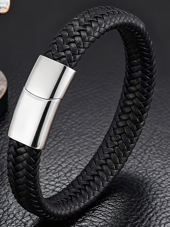 Buy 1 Get 1 Free Braided Leather Black Magnetic Lock Fashion Bracelet