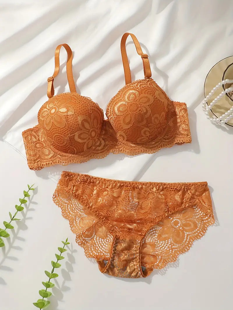 Push Up Padded Lace Bra And Panty Set Back Closure Seamless